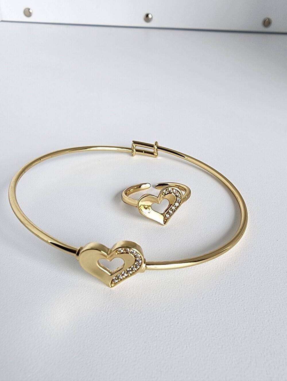 Gold Plated Heart Bangle & Adjustable Ring Set CZ Love Jewelry Girls